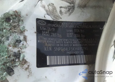 2019 Hyundai Elantra Value Edition z USA, uszkodzony, nr VIN 5NPD84LF5KH481290